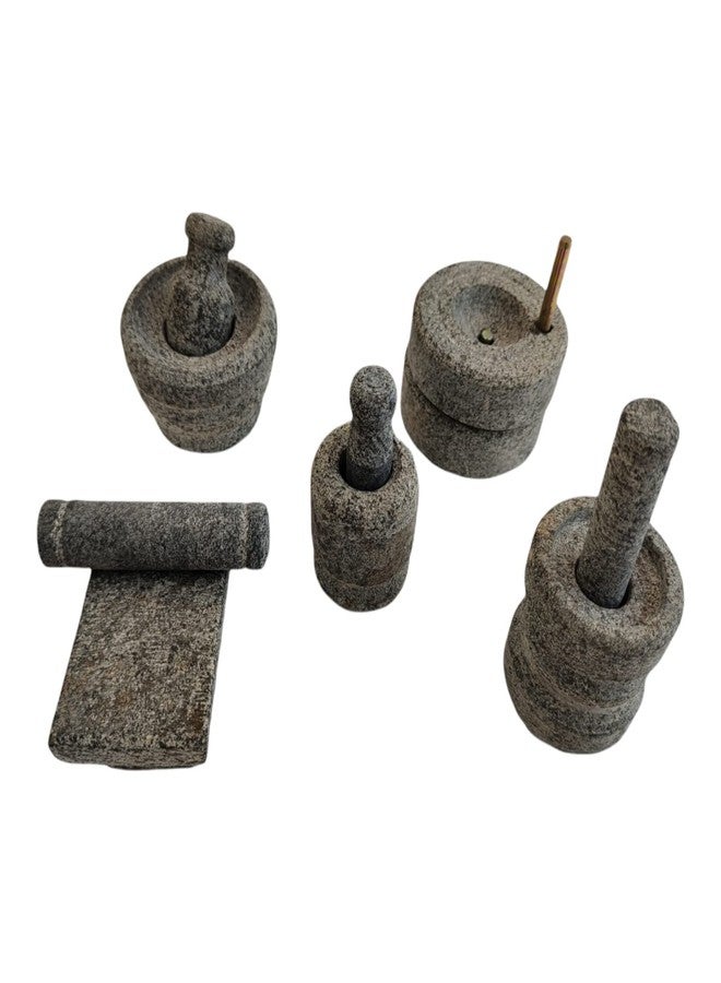 AZKAR Stone Miniature Kitchen Set for Kids, Pooja and Grahapravesam, Traditional Home, Grinding Stone - Make Your Littles Time Full Fun-Filled - Kitchen Playsets (Set of 5) Grey - Image 1